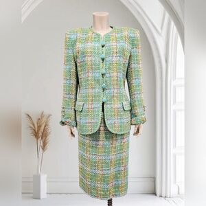 HERBERT GROSSMAN Vtg 2 Piece Wool Blend Aqua Green Pink Tweed Skirt Suit 16